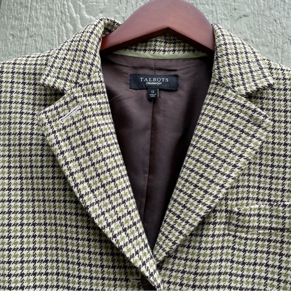 Talbots Blazer Jacket Womens 12 Green Brown Wool Blend Houndstooth Wood Button - Picture 2 of 12